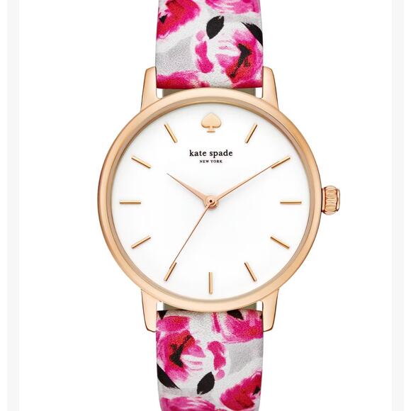 Kate Spade New York Metro Watch Floral Rose Band Pink and Gold Tones - Picture 1 of 7